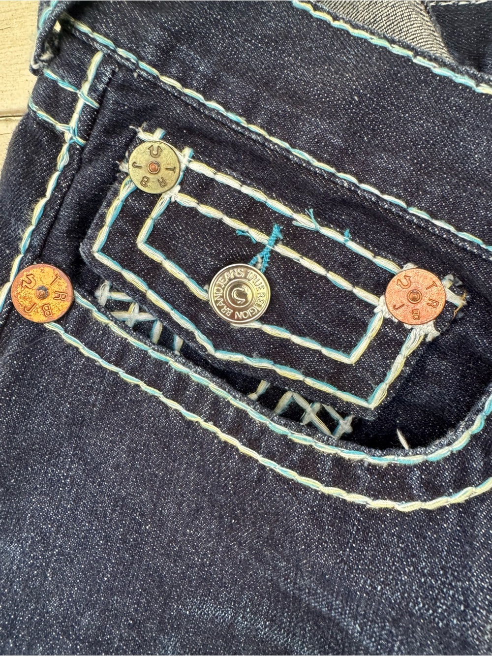 True Religion Men's Joey super T  Blue Straight Jeans with rainbow stitching